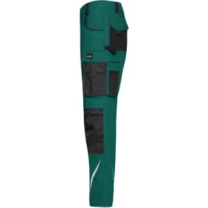 Workwear pants in teal with black pockets and detailing, featuring multiple cargo pockets and reinforced areas.