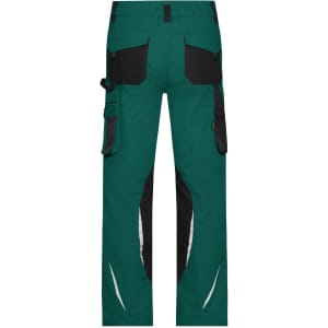 Workwear pants in teal and black with multiple pockets and reflective detailing on the back. Features a branding logo.