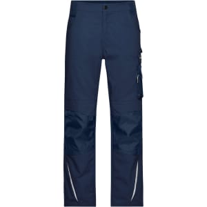 Navy workwear pants featuring reinforced panels and a side pocket. Includes reflective details and a logo.