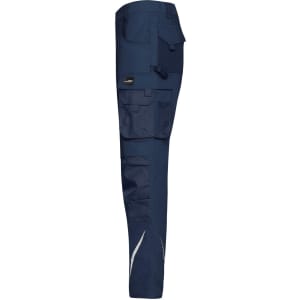 Navy workwear pants featuring multiple pockets and a logo, designed for durability and functionality.