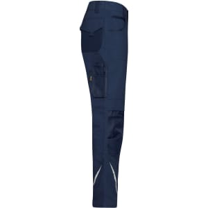 Navy work pants with multiple pockets and reflective detailing, featuring a logo on the front.