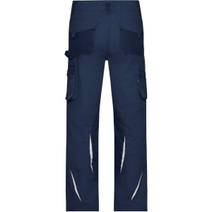 Workwear pants in navy blue, featuring multiple pockets and reflective details, with a logo present on the design.