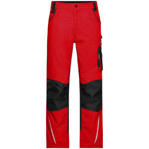 Workwear pants in red and black, featuring multiple pockets and reflective detailing. Includes a logo on the garment.