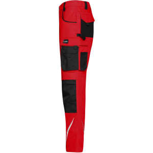 Workwear pants in red with black detailing, featuring multiple pockets and a logo.