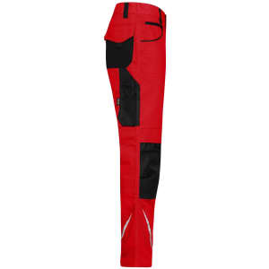 Workwear pants in bright red with black accents and multiple pockets, featuring reflective detailing.