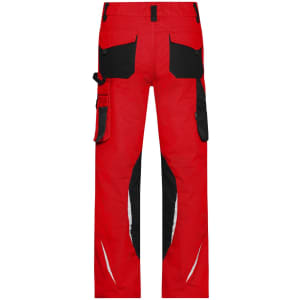 Red workwear pants featuring black accents and multiple pockets. The design includes visible stitching and reflective details.