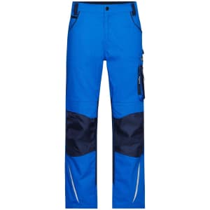 Bright blue work pants with navy sections, featuring pockets and reflective details. Includes a logo on the leg.