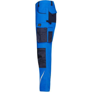 Workwear pants in vibrant blue with multiple pockets and navy accents, featuring a logo on the side.
