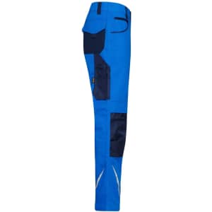 Workwear pants in bright blue with navy detailing, featuring multiple pockets and reflective strips.