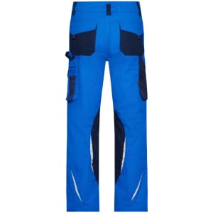 Bright blue work pants with navy accents, featuring multiple pockets and a branded logo.