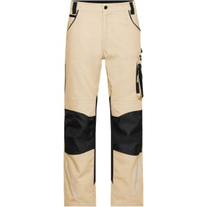 Workwear pants in beige with black accents and reflective detailing. Features pockets and a logo.