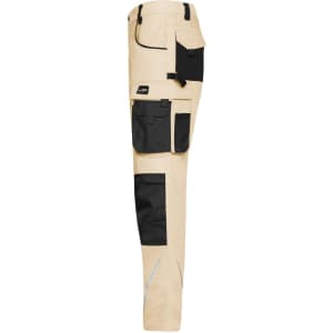 Beige workwear pants with black pockets and detailing, featuring a logo on the fabric.