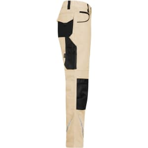 Beige workwear pants featuring black panels and reflective details, with an additional pocket on the side and a logo.
