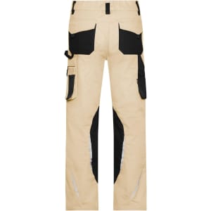 Beige workwear pants with black accents and multiple pockets, featuring a logo on the back.