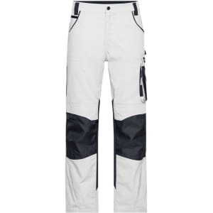 White workwear pants with navy blue accents and pockets, featuring a logo on the design.