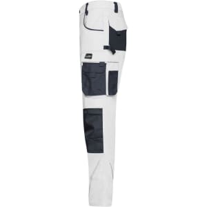 Workwear pants in white with navy accents, featuring multiple pockets and a logo. Side view displayed.