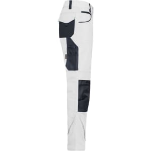 Workwear pants in white with navy accents, featuring multiple pockets and a logo.