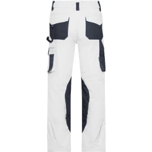 Workwear pants in white with navy accents, featuring multiple pockets and a flexible design. Includes a brand logo.