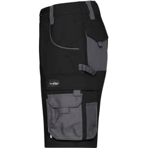 A pair of black work shorts featuring grey accents and multiple pockets, including a side and cargo pocket.