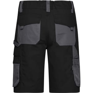 Workwear Bermudas in black with grey accents, featuring multiple pockets and a logo. Ideal for work environments.
