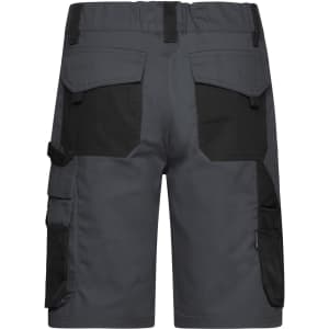 A pair of dark grey work shorts with black accents and multiple pockets on the back.