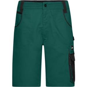 Green work shorts featuring multiple pockets and a contrasting black waistband. Includes a logo on the side.
