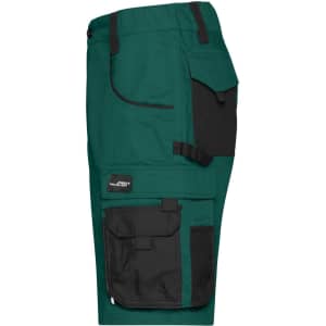 Workwear Bermudas in teal and black, featuring multiple pockets and a durable design. Includes a logo on the fabric.