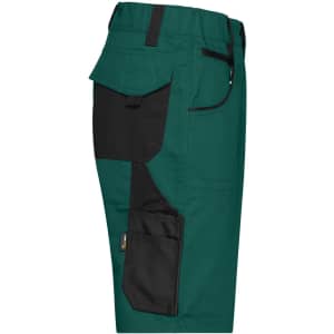 Workwear Bermudas in green with black accents, featuring multiple pockets and a zipper. Includes branding.