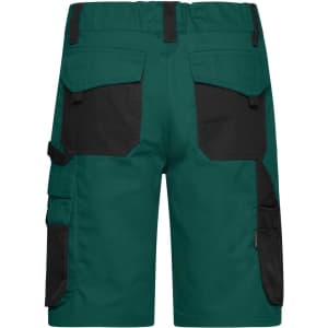 Workwear Bermudas in teal and black, featuring multiple pockets and a logo. Back view of the shorts.