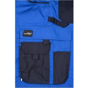 A close-up of blue workwear bermudas featuring black accents and multiple pockets, including a logo.