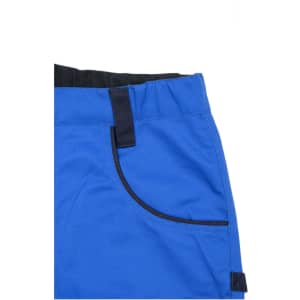Blue work shorts featuring a pocket and contrasting black detailing, with an elastic waistband. The product has a logo.
