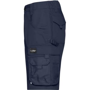 Navy work shorts featuring multiple pockets and a logo, designed for durability and functionality.
