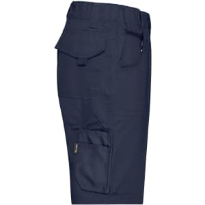 Navy blue work shorts with multiple pockets and a logo. Made from durable fabric, designed for workwear settings.