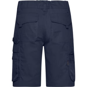 Navy blue work shorts featuring multiple pockets and a waistband with adjustable features. Includes branding.