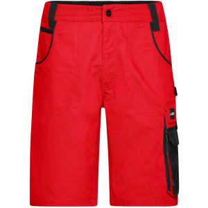 Red workwear bermudas with black detailing and pockets, featuring a logo on the side.