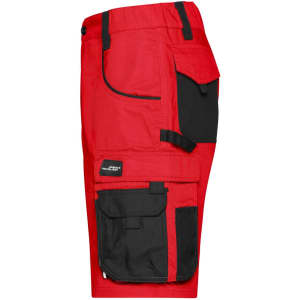 Workwear Bermudas in red with black accents, featuring multiple pockets and a branded logo.