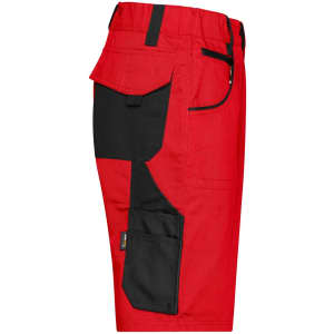 Red and black work shorts featuring multiple pockets and a logo. Suitable for various work environments.