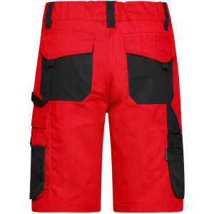 Red workwear bermudas featuring black accents and multiple pockets, with an adjustable waistband and a branding logo.