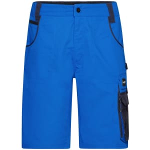 Bright blue work shorts featuring black accents, with multiple pockets and a branded label. Ideal for workwear.