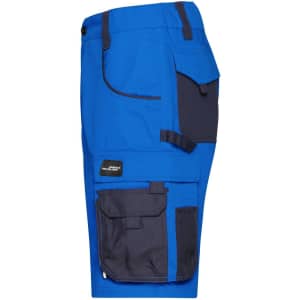 Bright blue workwear bermudas featuring multiple pockets and a contrasting dark navy panel. Includes a logo label.