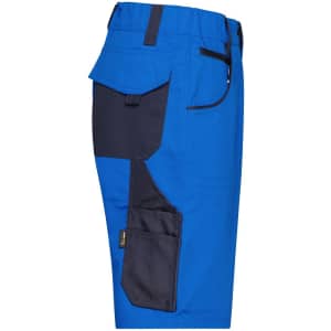 Bright blue work shorts featuring a contrasting dark pocket and a logo, designed for durability and functionality.