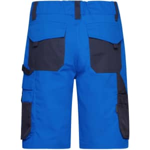 Bermuda shorts in blue with black accents and multiple pockets, featuring a logo on the waistband.
