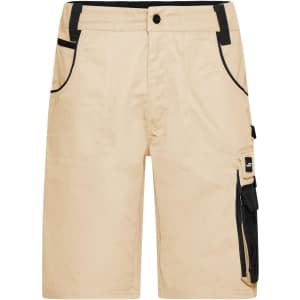 Workwear Bermudas in beige with black accents and pockets, featuring a side cargo pocket and a logo.