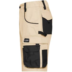 Workwear Bermudas in a tan shade with black accents, featuring multiple pockets and a logo.
