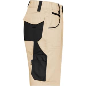 Workwear Bermudas in beige with black accents and multiple pockets. Features a logo on the fabric.