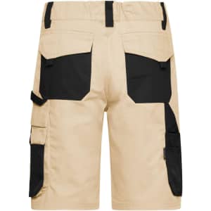 Tan work shorts featuring black pockets and detailing on the back. The shorts have a logo on them.