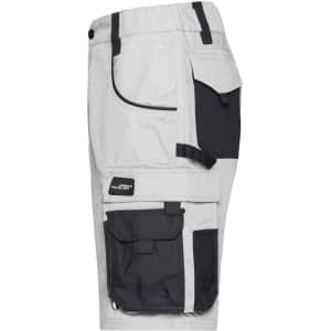 Workwear bermudas in light grey and dark grey, featuring multiple pockets and a logo. Ideal for work settings.