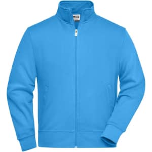 A blue workwear sweat jacket featuring a full zip and side pockets, with a logo on the chest.