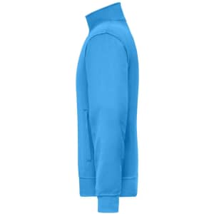 A blue workwear sweat jacket with a zippered collar and side pockets, featuring a logo.