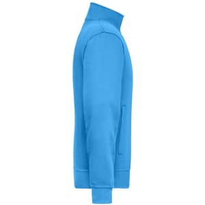 A blue workwear sweat jacket with a high collar and side pockets, featuring a logo on the front.